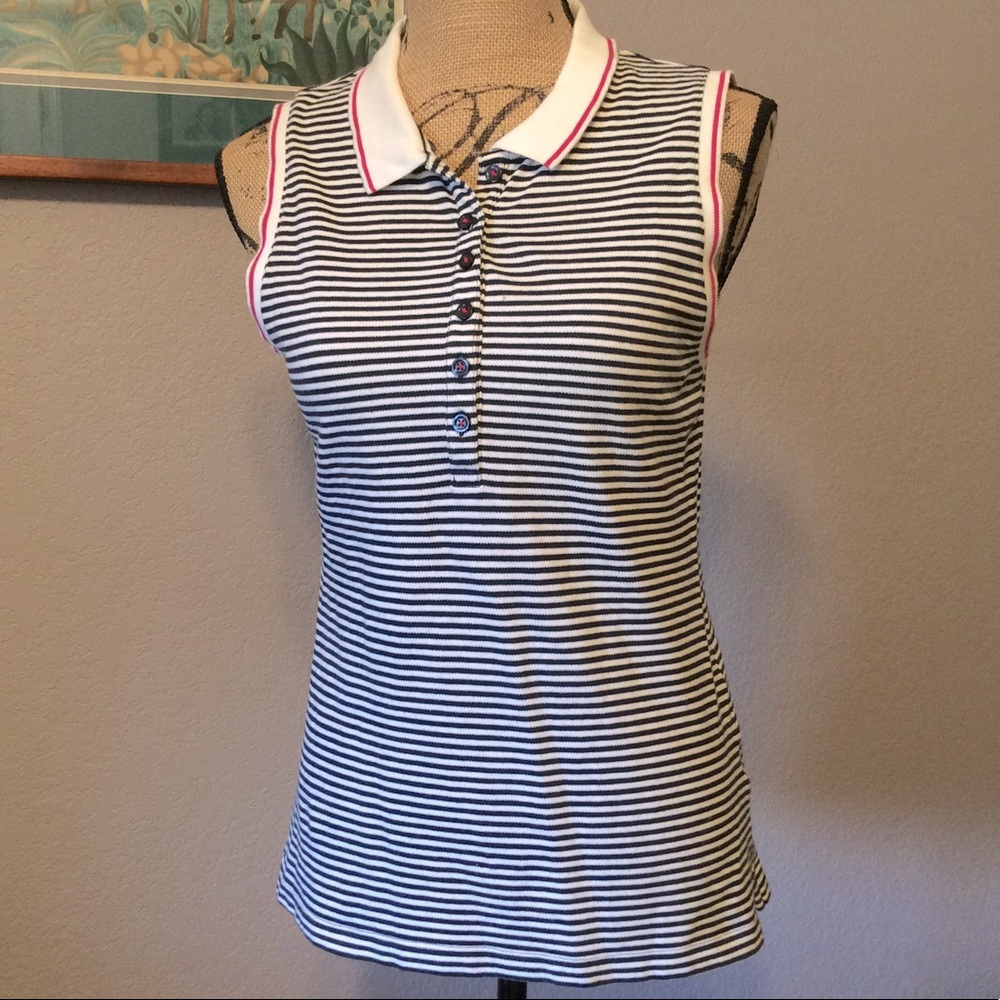 LAND’S END sleeveless navy striped Cotton Polo collar navy top tennis Summer S